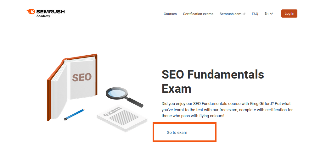 صفحة اختبار أساسيات تحسين محركات البحث SEO Fundamentals على موقع Semrush